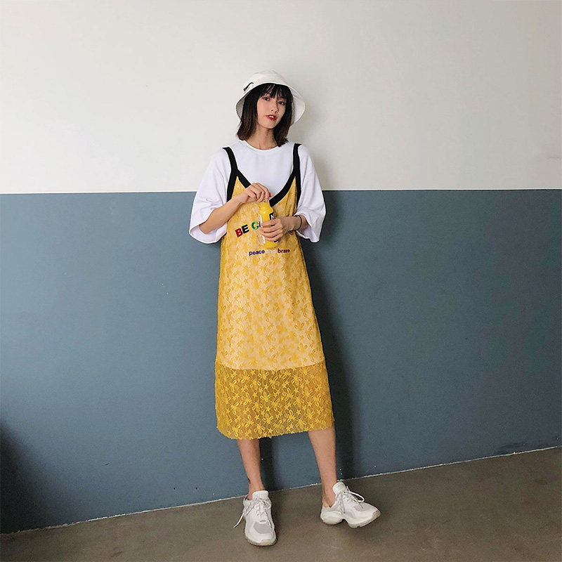 蕾丝两件套连衣裙女夏季2019新款黄色裙子小清新仙女裙太平鸟女装