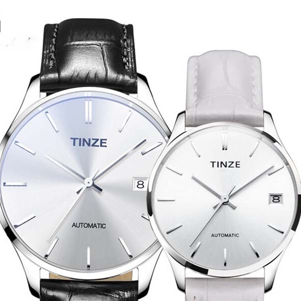 天际(TINZE)情侣手表 时尚超薄简约防水全自动机械对表 情侣表 银白一对