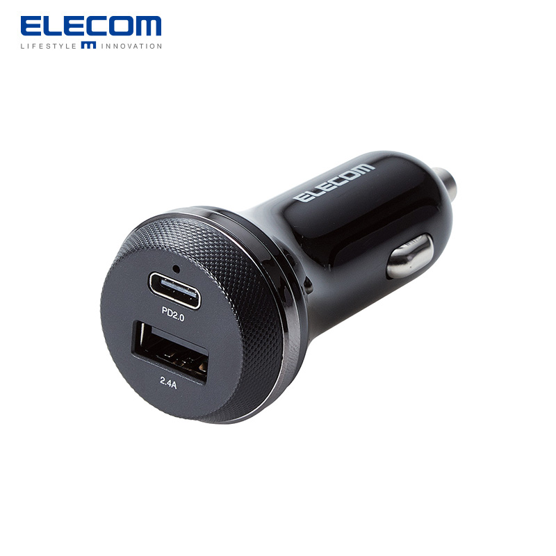 ELECOM 车载充电器 汽车点烟器USB智能快充插头一拖二多功能车充