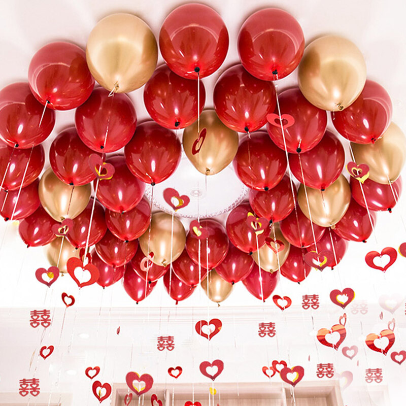 青苇 气球红宝石婚房布置求婚浪漫婚庆装饰用品 石榴红配金色双层套球50件套