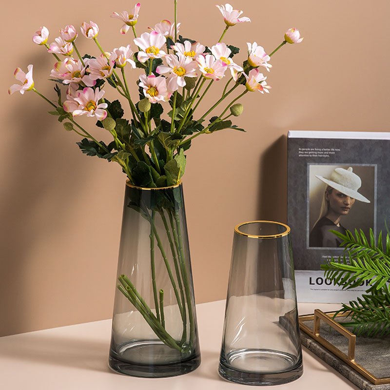 轻奢描金玻璃透明花瓶 家居客厅现代简约水养插花干花桌面餐桌摆件