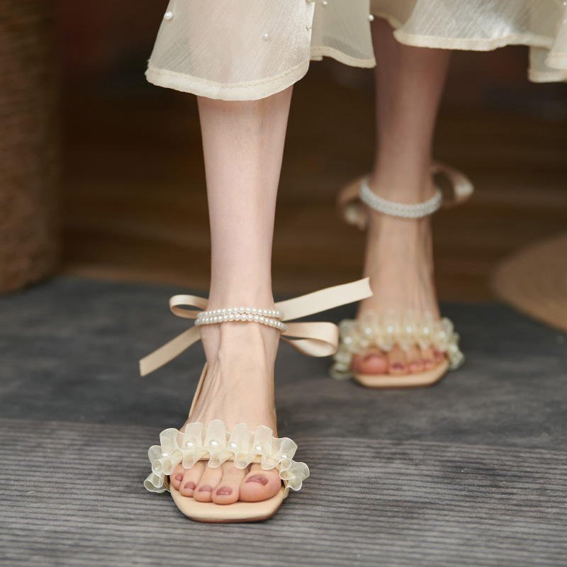 仙女风凉鞋女夏季平底法式珍珠绑带设计感小众温柔花边真皮女鞋