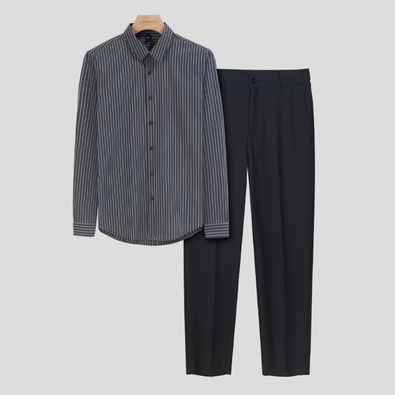 衬衫男长袖高级感条纹衬衣 黑色西装裤商务 正装套装两件套