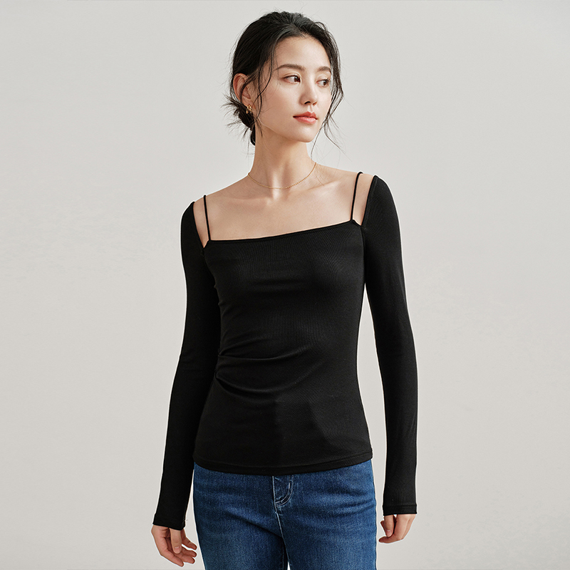 茵曼法式设计感吊带方领T恤女季春款弹力修身内搭黑上衣